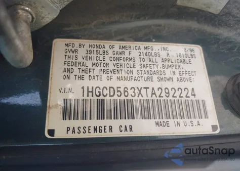 1996 Honda Accord Lx/Ex from USA, damaged, VIN 1HGCD563XTA292224